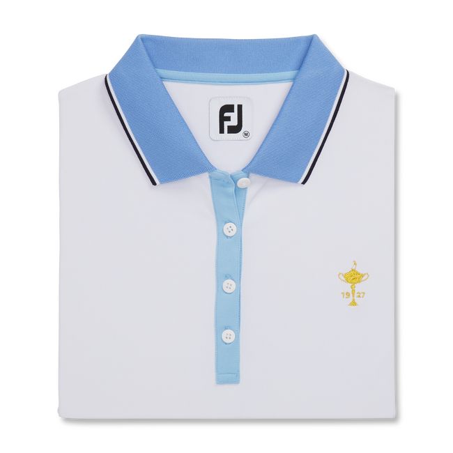 Footjoy 1927 Trophy Solid With Stripe Trim Hemd Damen Weiß Hellblau | GNZUBIQ-89