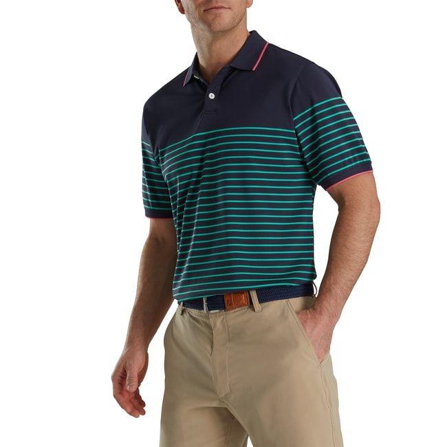 Footjoy Breton Stripe Stretch Pique Knit Collar Hemd Herren Navy Grün | KOPSGWF-28