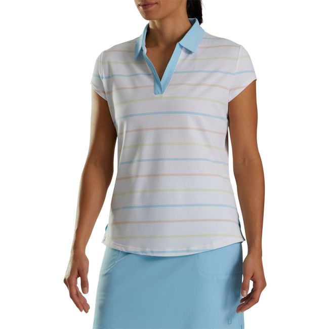 Footjoy Cap Sleeve Birdseye Stripe Hemd Damen Weiß Blau | QUARCYM-34