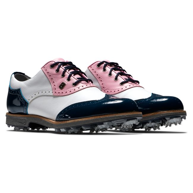 Footjoy Myjoys Premiere Series - Shield Tip Stollen Golfschuhe Damen Weiß Rosa Navy | BIDRFJG-71