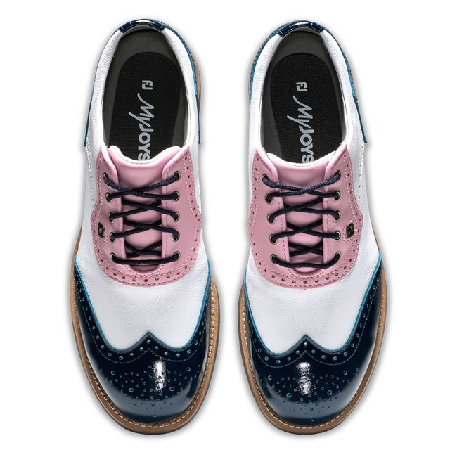 Footjoy Myjoys Premiere Series - Shield Tip Stollen Golfschuhe Damen Weiß Rosa Navy | BIDRFJG-71