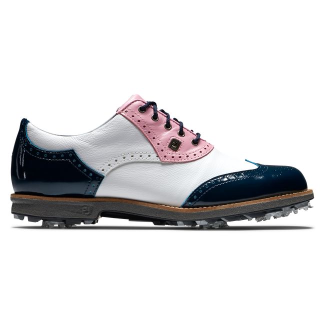 Footjoy Myjoys Premiere Series - Shield Tip Stollen Golfschuhe Damen Weiß Rosa Navy | BIDRFJG-71